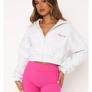 White Fox Boutique Grey & Pink Cropped hoodie Size S/M With Dust Bag NWOT